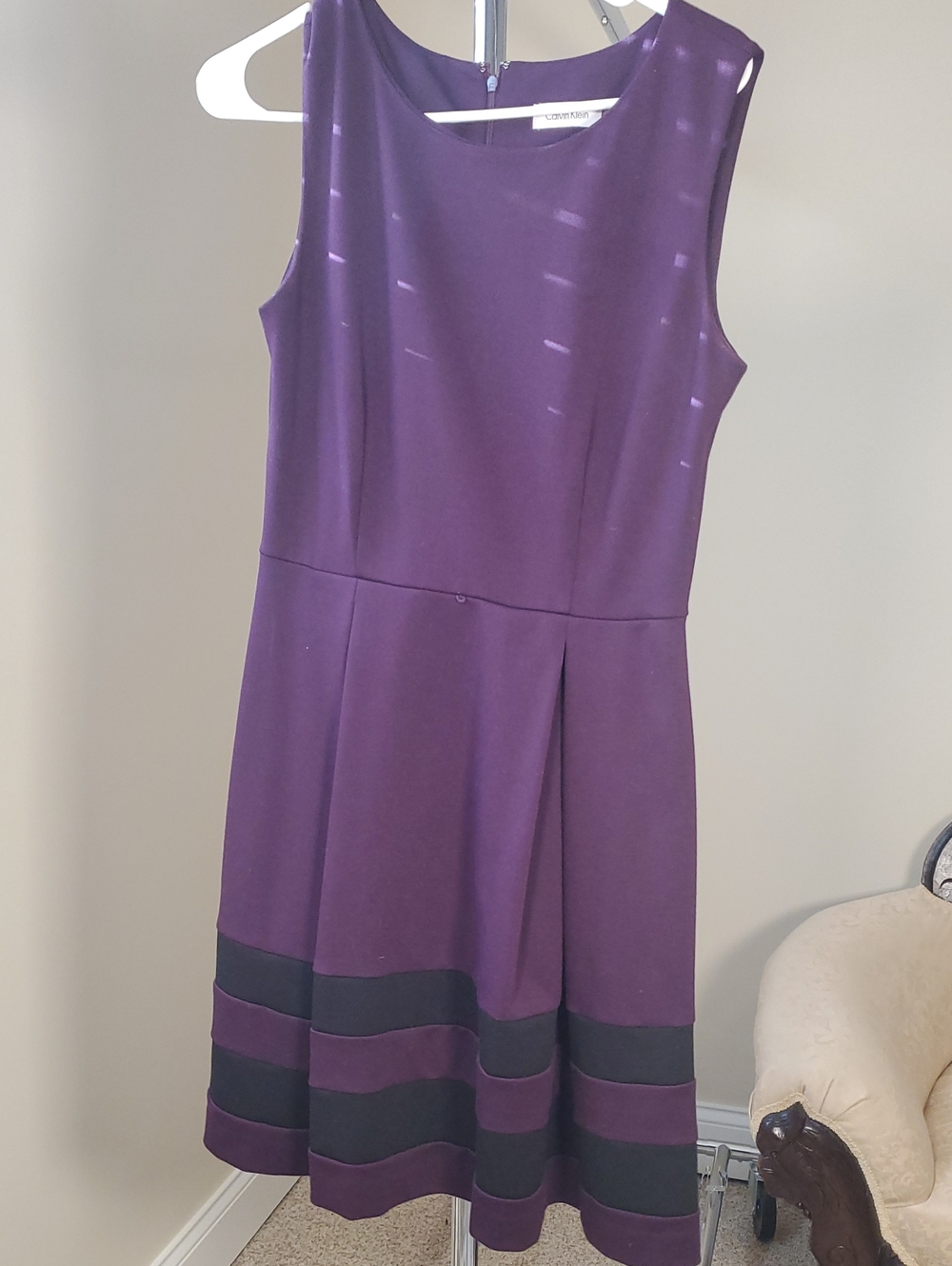 Calvin Klein Sleeveless Purple Dress with Black Hem Stripes